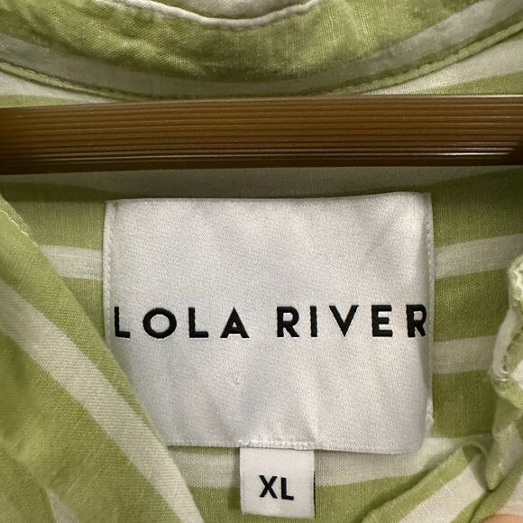 LOLA RIVER Striped Shirt Green White Button Up Tie Roll Tab Sleeve - Picture 7 of 11